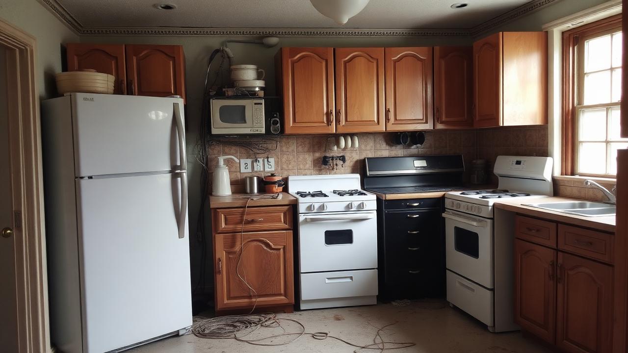 Old kitchen appliances being disconnected and removed from a home in Texoma