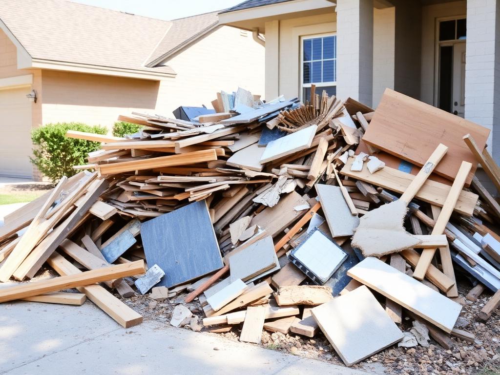 Construction debris including wood and drywall ready for removal
