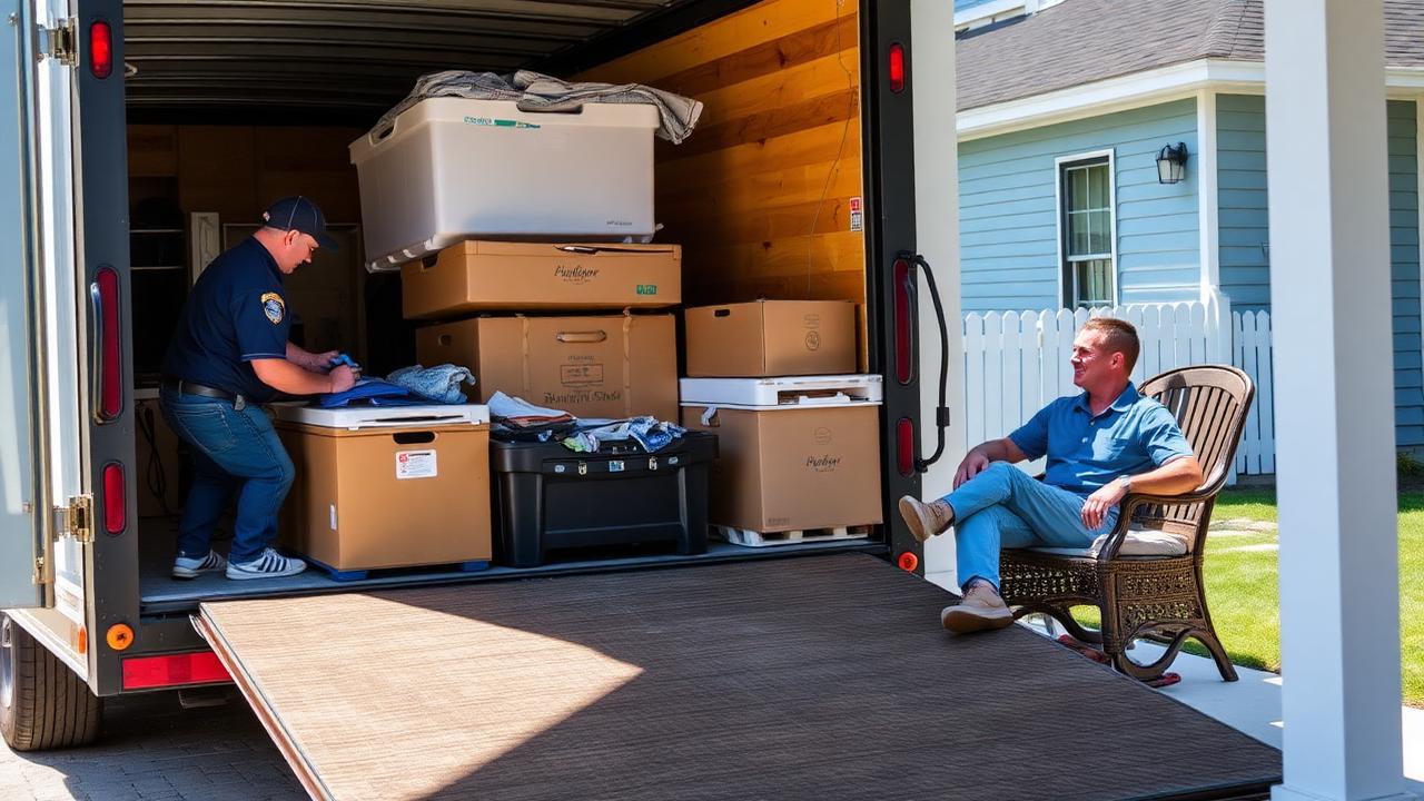 Professional junk removal crew loading a trailer while homeowner relaxes in Texoma
