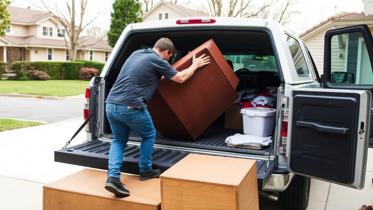 Person struggling to load heavy furniture into a pickup truck alone in Texoma