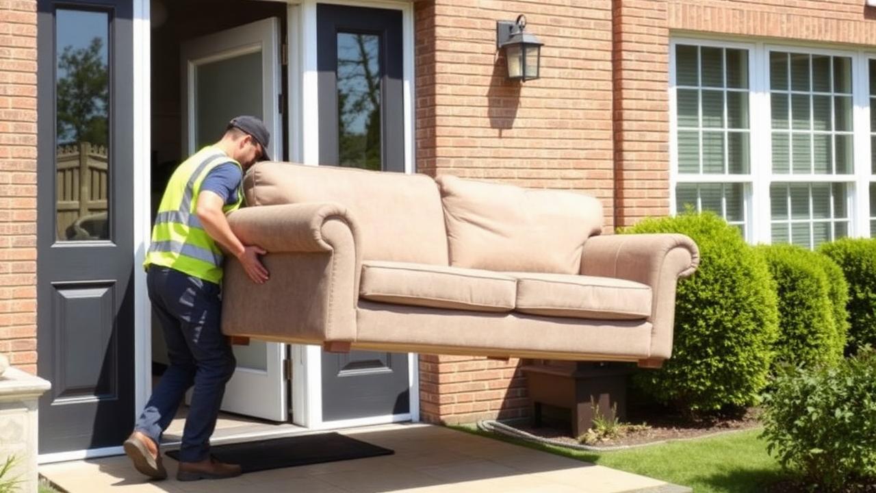 Professional crew carrying a sofa out of a residential home in Denison TX