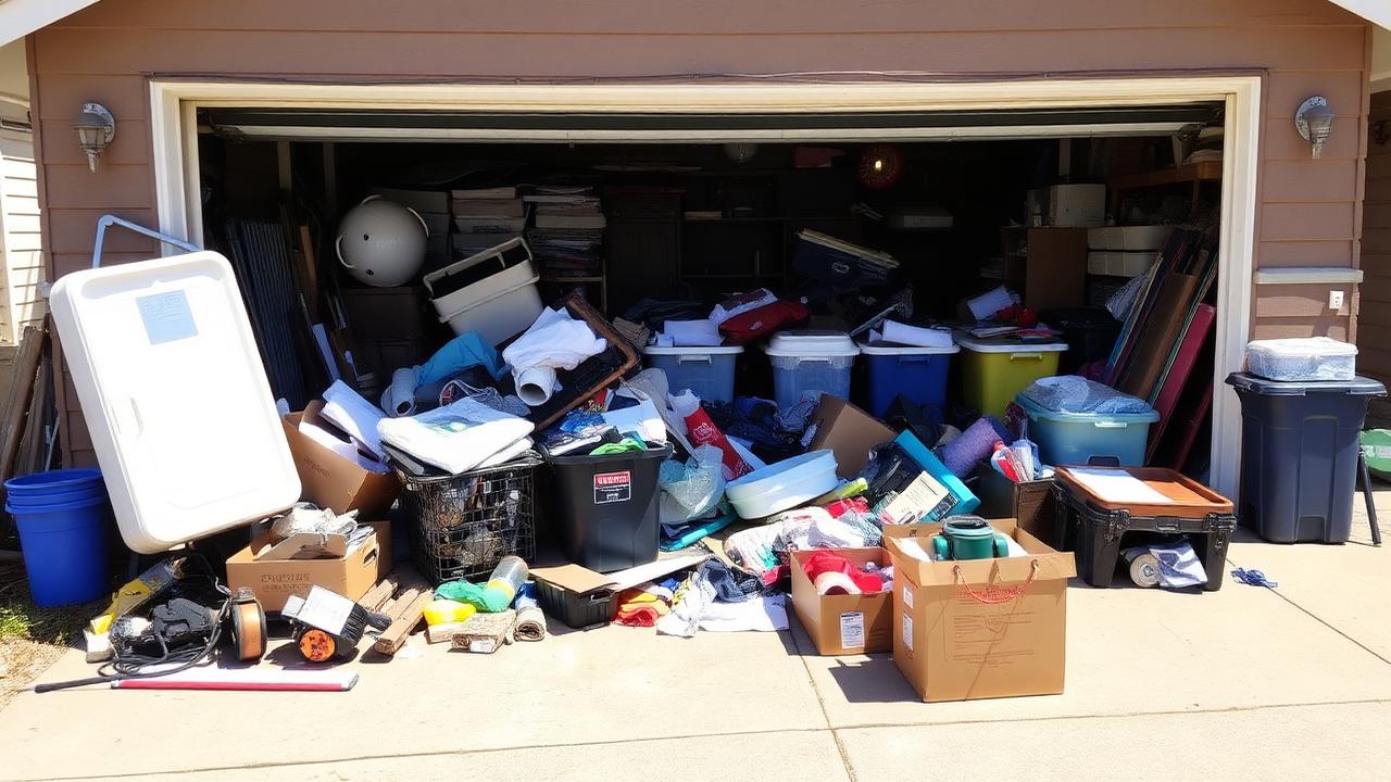Garage items pulled onto driveway for sorting during a cleanout in Sherman TX