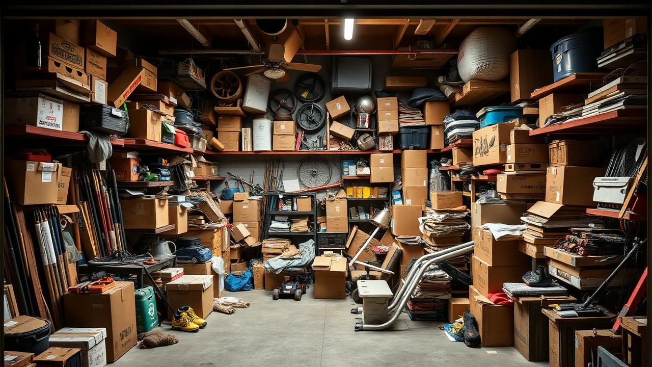 Extremely cluttered garage packed floor to ceiling before a cleanout in Texoma