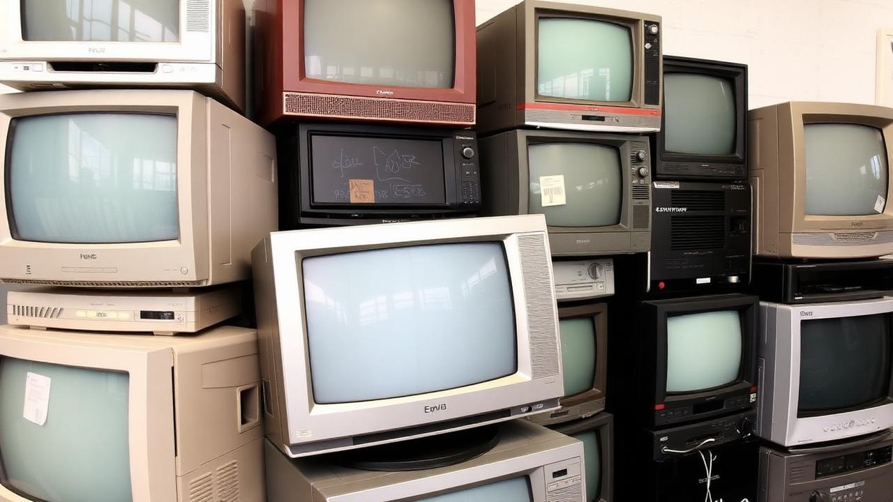 Old CRT televisions and monitors stacked for e-waste disposal in Texoma