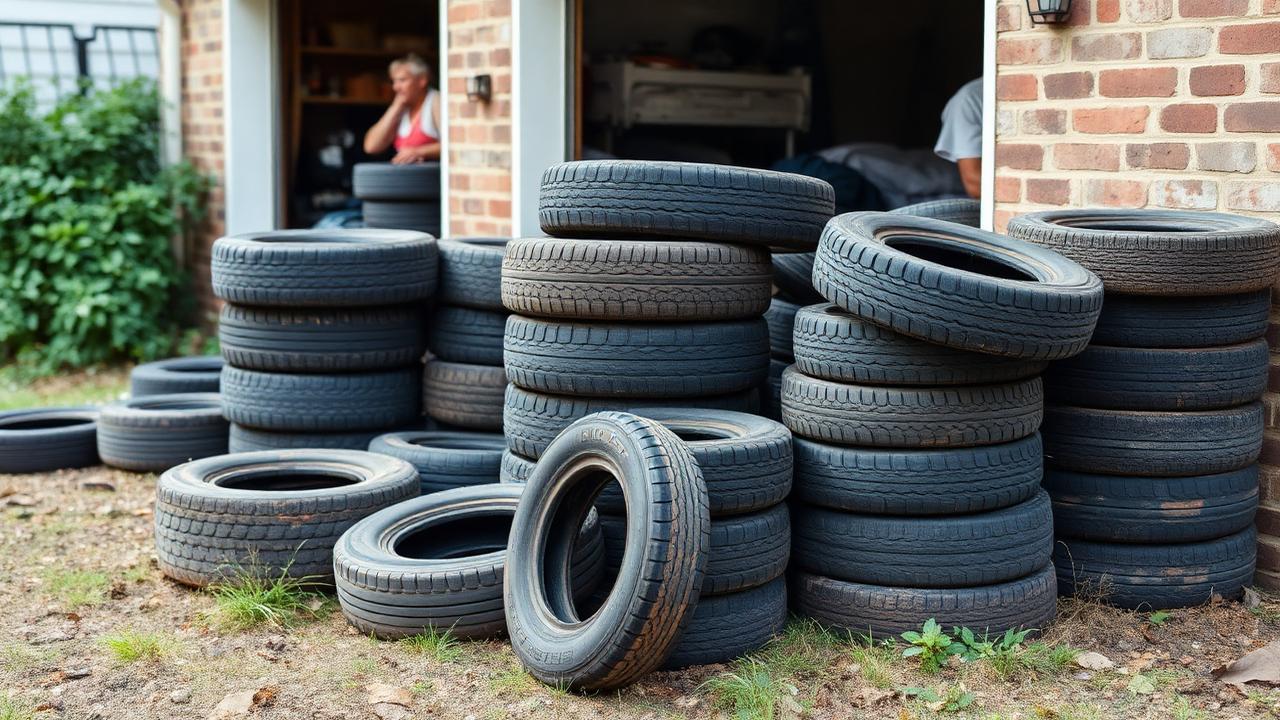 Used tires piled near a garage needing proper disposal in Texoma