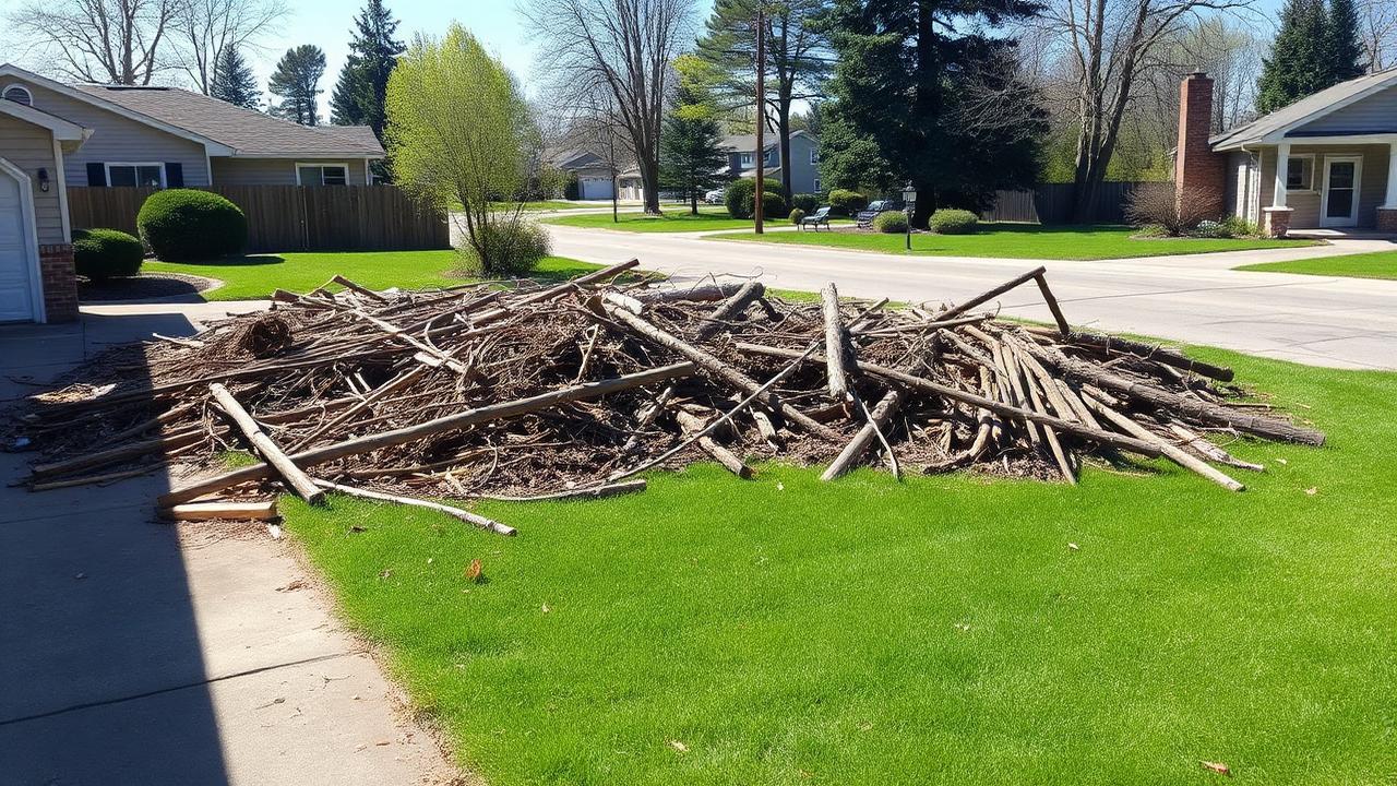 Representative storm cleanup — yard debris piled for removal