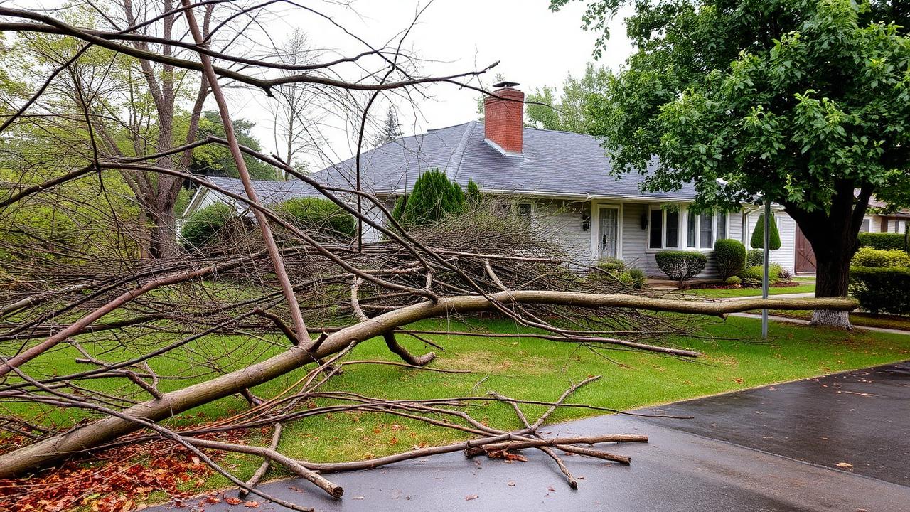 Fallen tree branches and storm debris scattered across a Texoma front yard