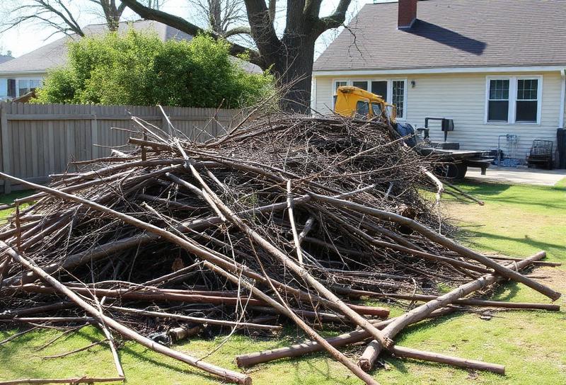 Yard debris and branches piled for cleanup